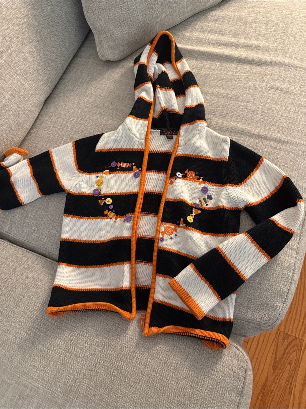 Kids Striped Hooded Sweater Jacket - Black, White & Orange for Halloween